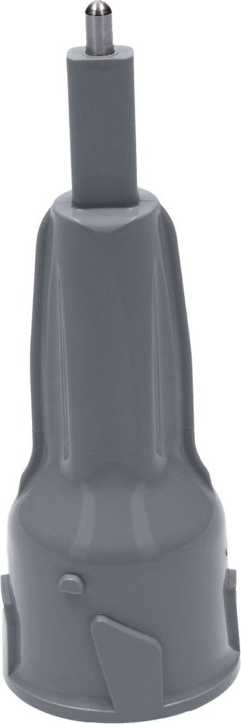A close-up studio shot of a gray plastic attachment with a silver metal tip.