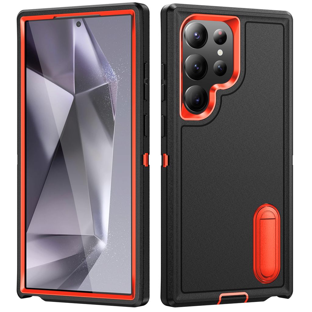 Hülle für Samsung Galaxy S25 Ultra Hybrid Dreilagige Robust Stoßfest Schwerlast Schutzhülle mit Ständer Schwarz Orange