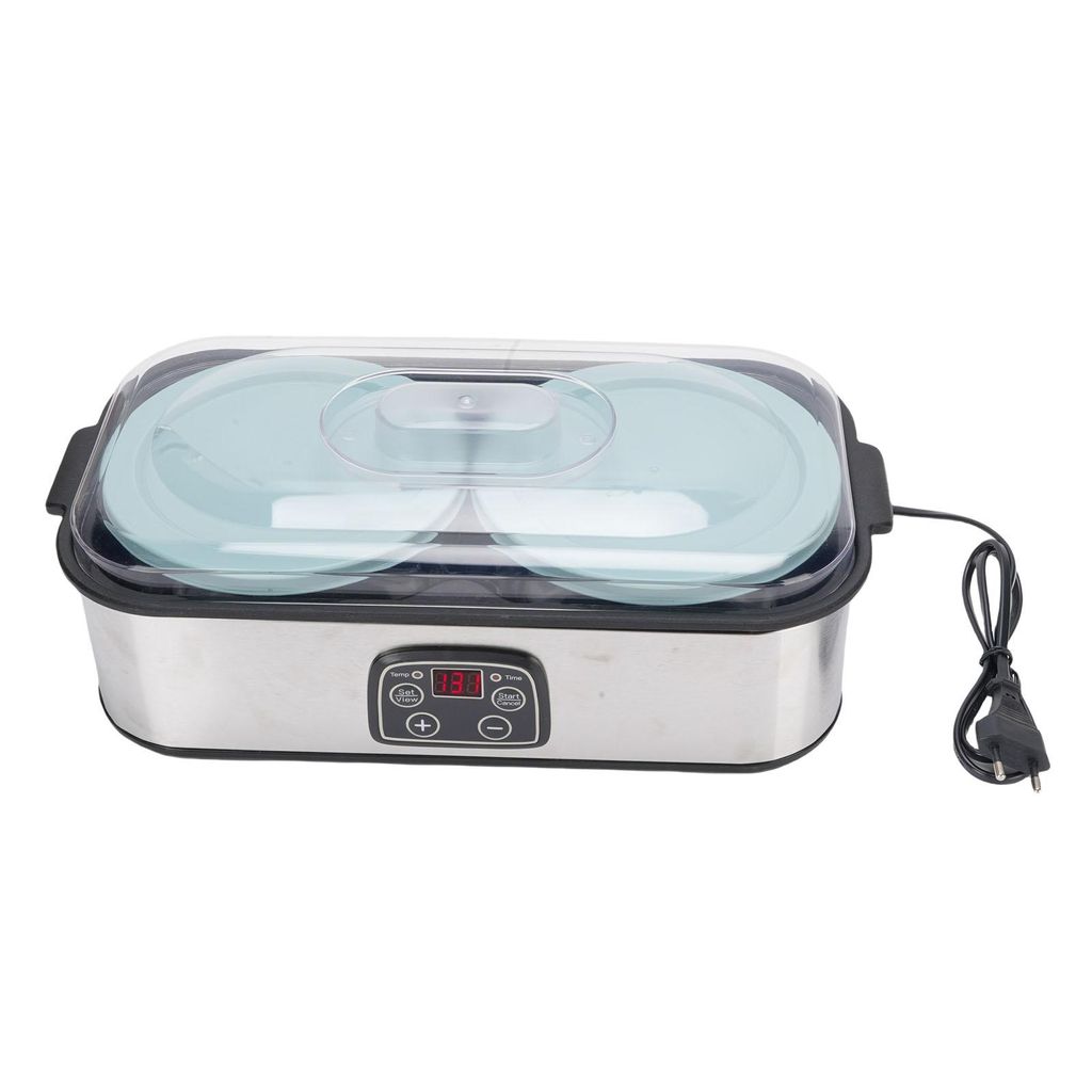 A yogurt maker with two blue containers under a clear lid, placed on a white background.