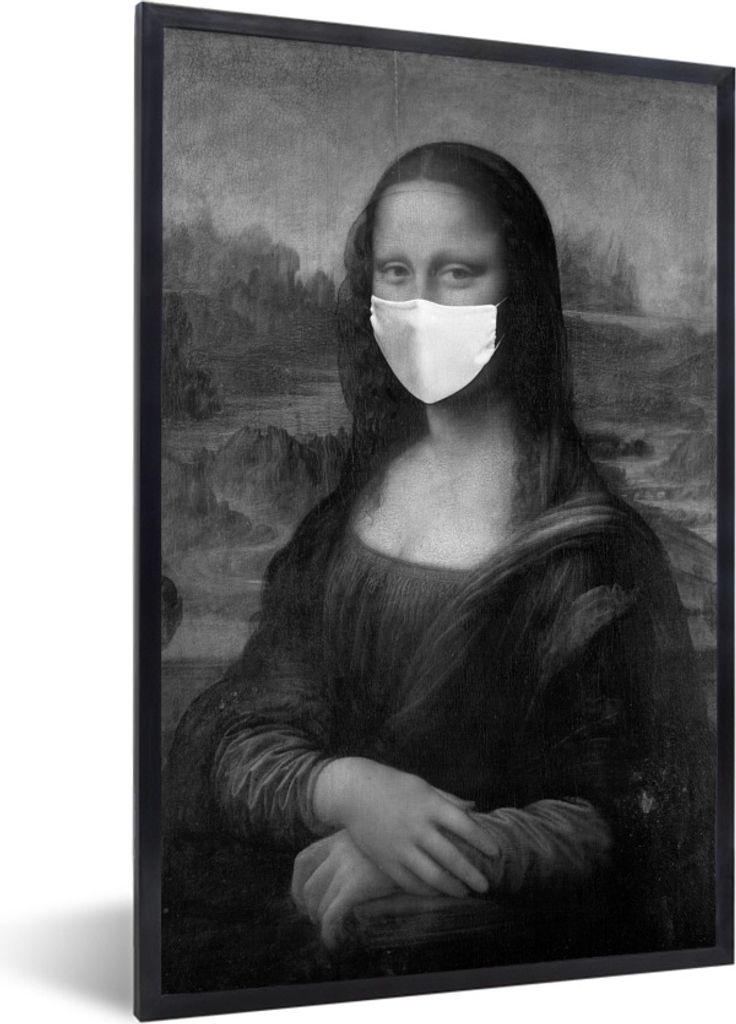 MuchoWow Gerahmtes Poster Mona Lisa mit weißer Mundhaube - ein Gemälde von Leonardo da Vinci - schwarz-weiß 60x90 cm - Poster mit Schwarzem Bi...