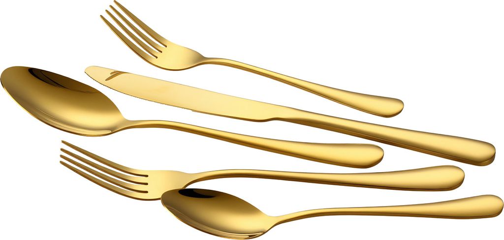 A set of gold-colored cutlery arranged diagonally on a white background.