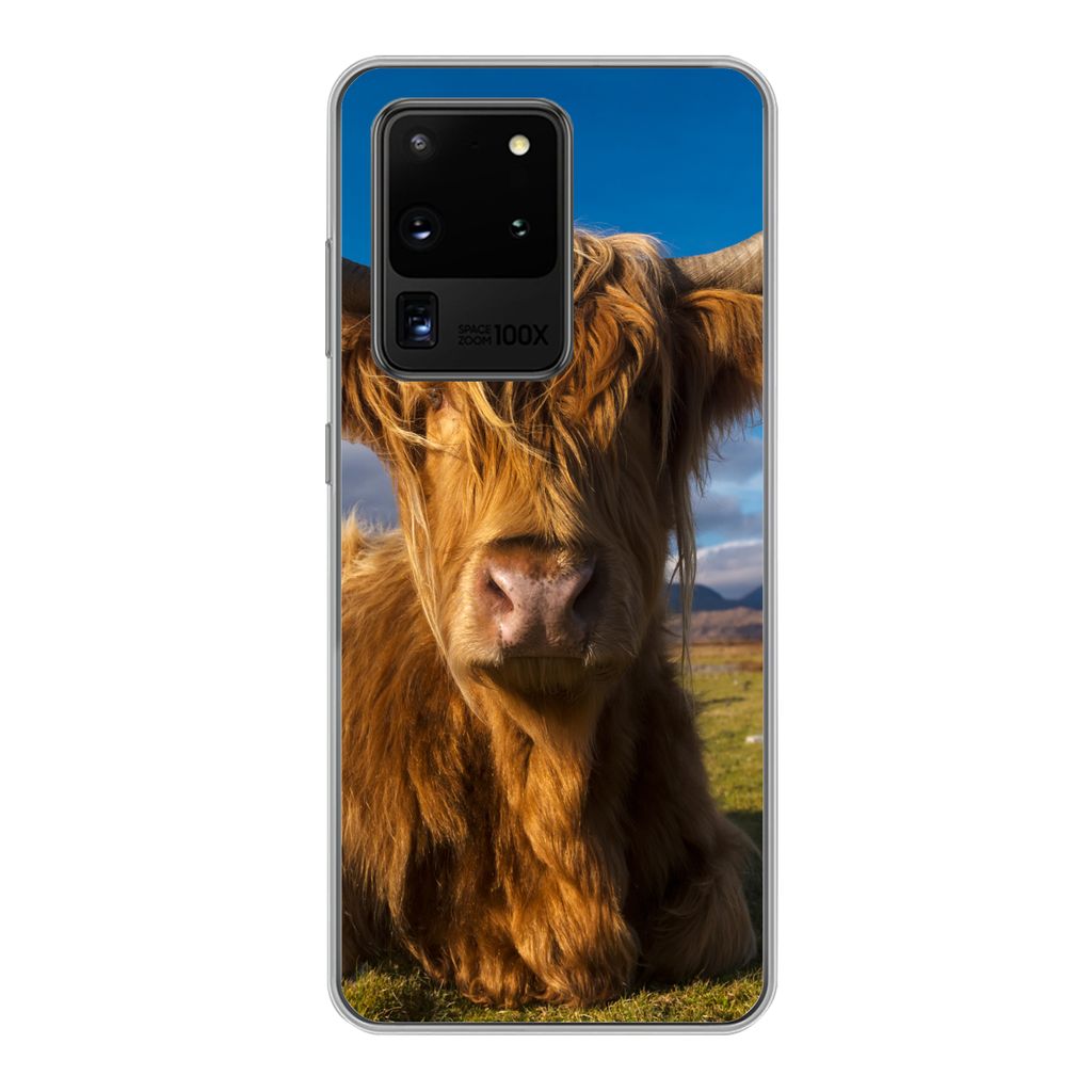 MuchoWow Handyhülle Schutzhülle Hülle für Samsung Galaxy S20 Ultra Schottische Highlander - Tiere - Gras Silikon Softcase Handy Hülle - Kart...