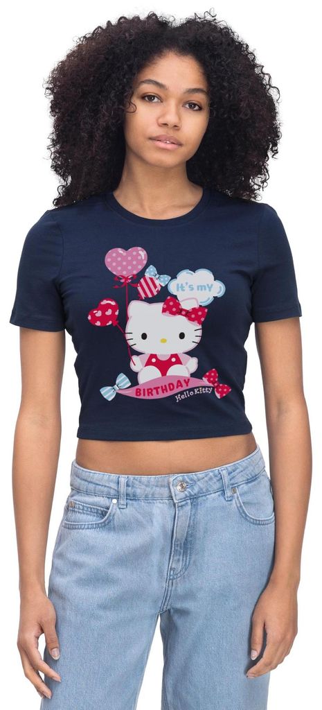 Spreadshirt Hello Kitty Mit Ballons Mein Geburtstag Crop Top, XL, Light Navy