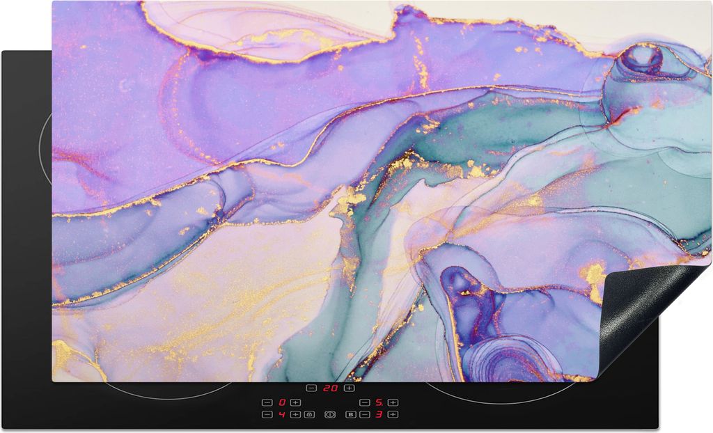 KitchenYeah Herdabdeckplatte Gold - Marmor - Lila , 90x52cm, Küche Deko, Ceranfeld Herdabdeckung, Abdeckplatte fùr Kochfeld