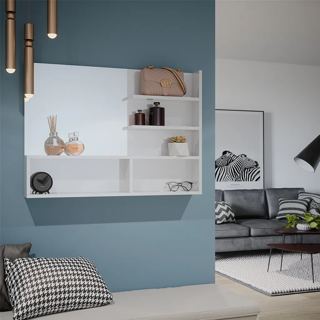 Specchio Bagno Vicco 89.8x65 cm Bianco Lucido - 5 Ripiani Aperti
