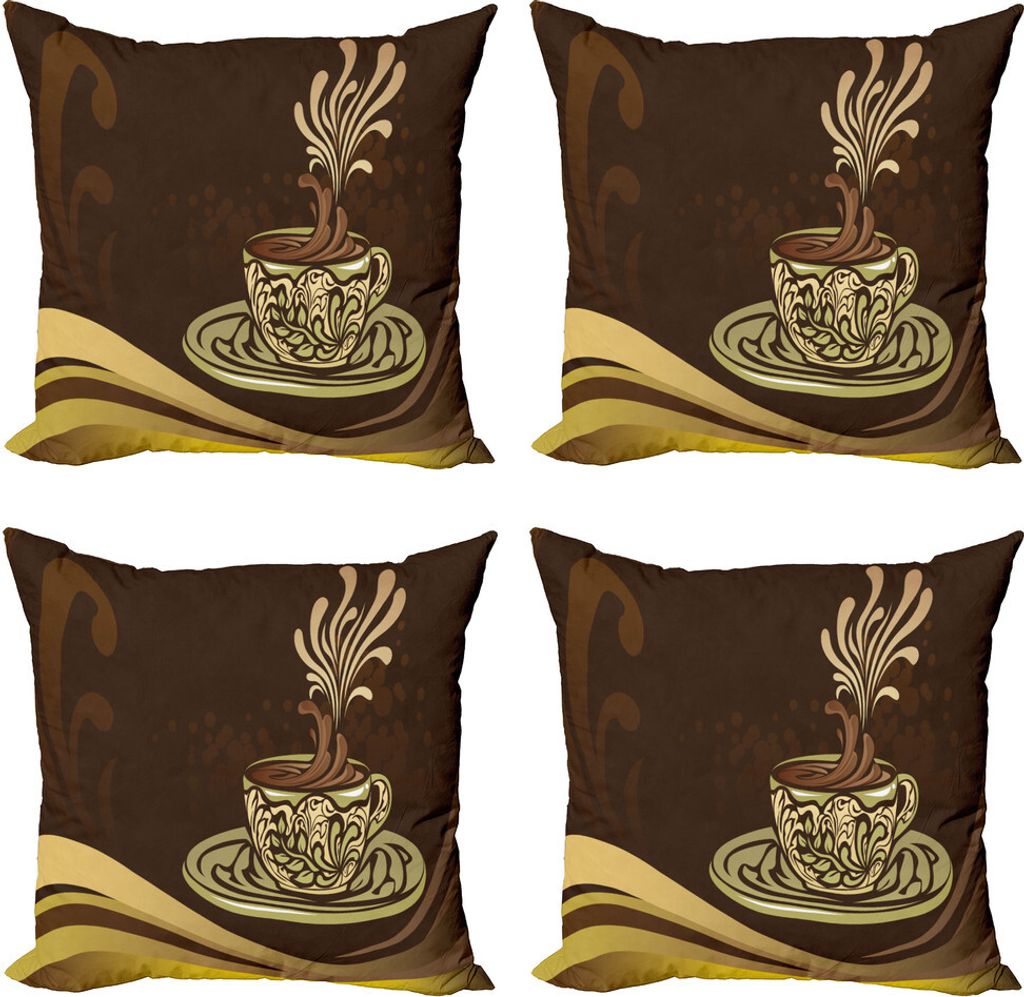 ABAKUHAUS Kaffee Kissenbezug Set (4 Stück), Ornamental Kaffeetasse-Entwurf, Moderner Doppelseitiger Digitaldruck, 40 cm x 40 cm, Brown und Multicolor