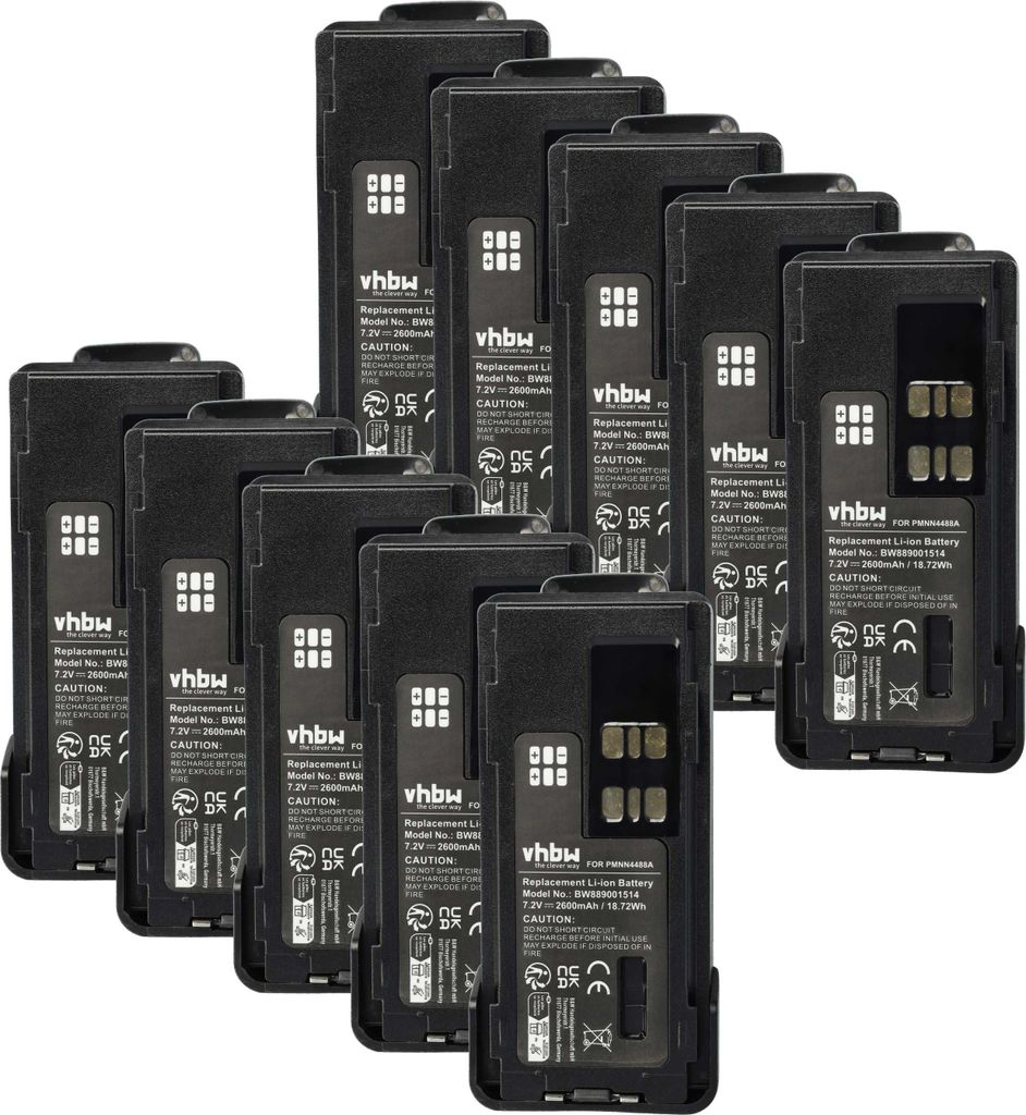vhbw 10x Akku Ersatz für Motorola PMNN4418AR, PMNN4418, PMNN4417, PMNN4416AR für Funkgerät, Walkie Talkie (2600 mAh, 7,4 V, Li-Ion) + Gürtelclip