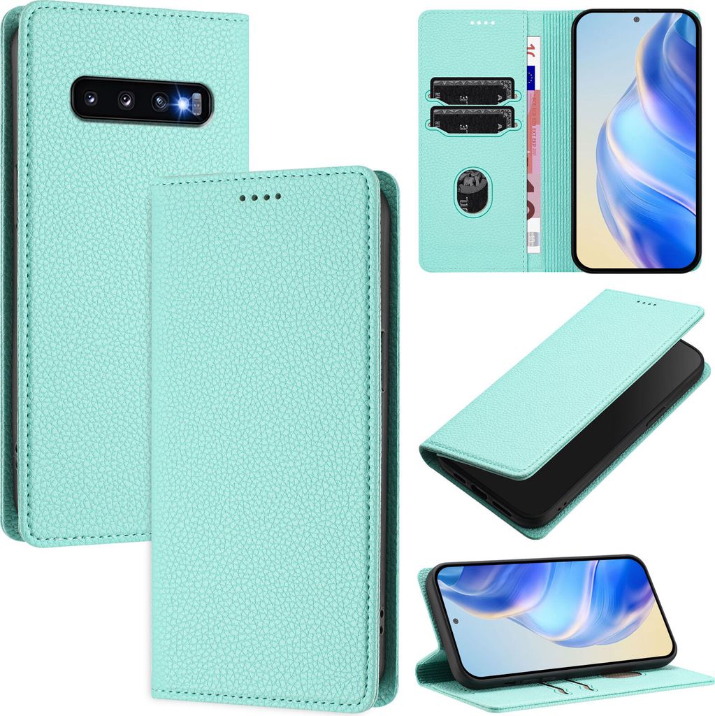 Litchi Leder Handyhülle für Samsung Galaxy S10 Wallet Kartenfächer Standfunktion Hülle Türkis
