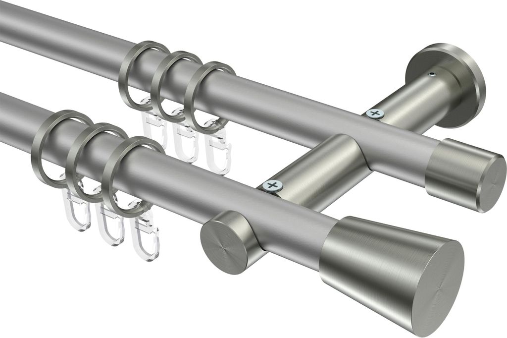 Interdeco Gardinenstange / Vorhangstange Silbergrau / Edelstahl-Optik, Typ Platon Sitra (Konus), 20 mm Ø 2-läufig, 480 cm
