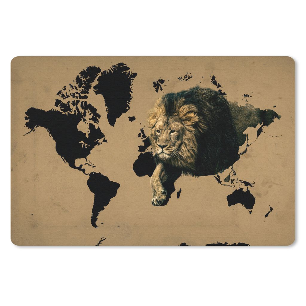 MuchoWow Schreibtischunterlage Weltkarte - Braun - Löwe 60x40 cm - XXL Mauspad - Großes Mauspad