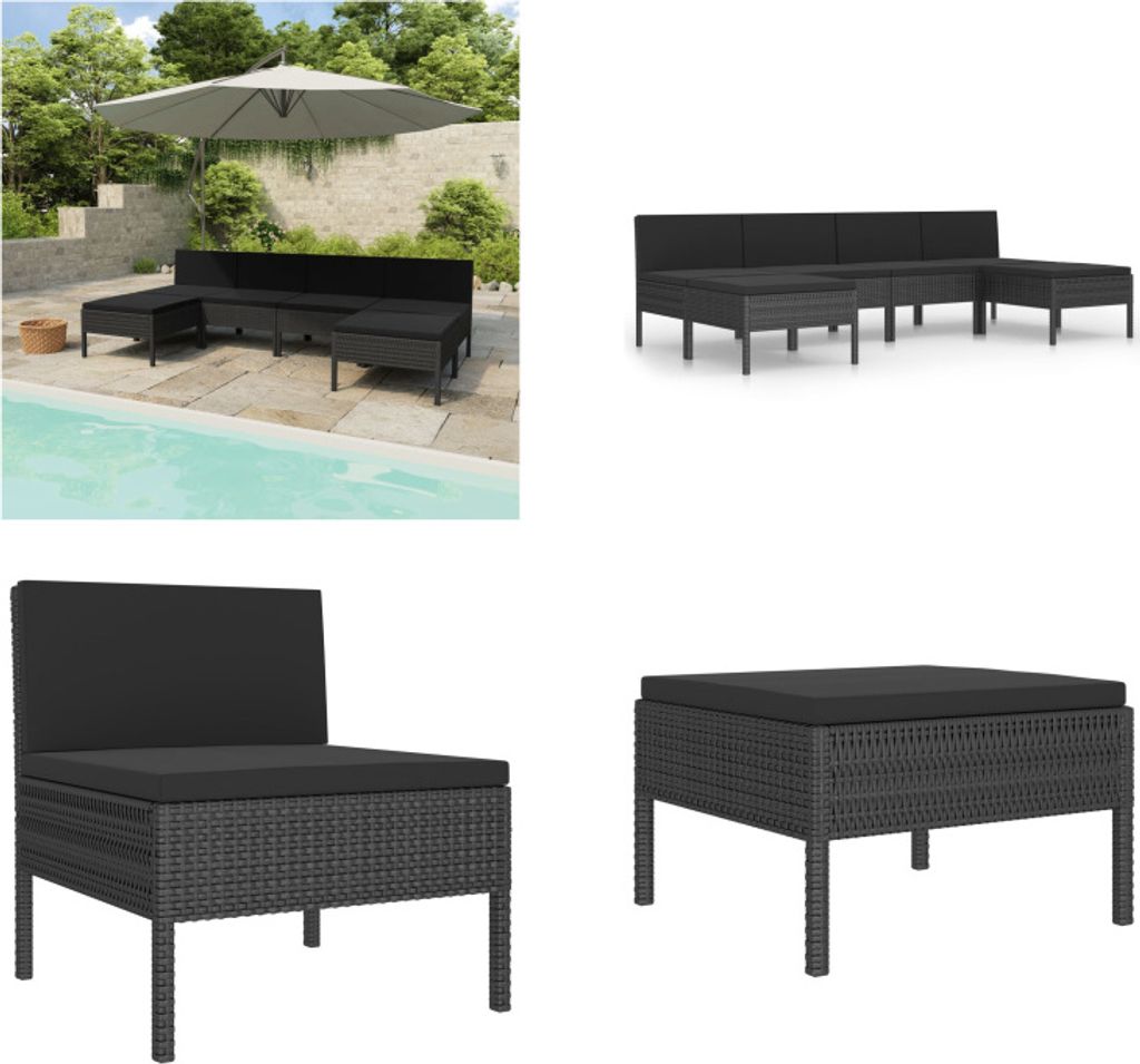 vidaXL 6 tlg. Garten Lounge Set mit Auflagen Poly Rattan Schwarz - Gartenmöbel-Set - Gartenmöbel-Sets - Gartengarnitur - Gartengarnituren
