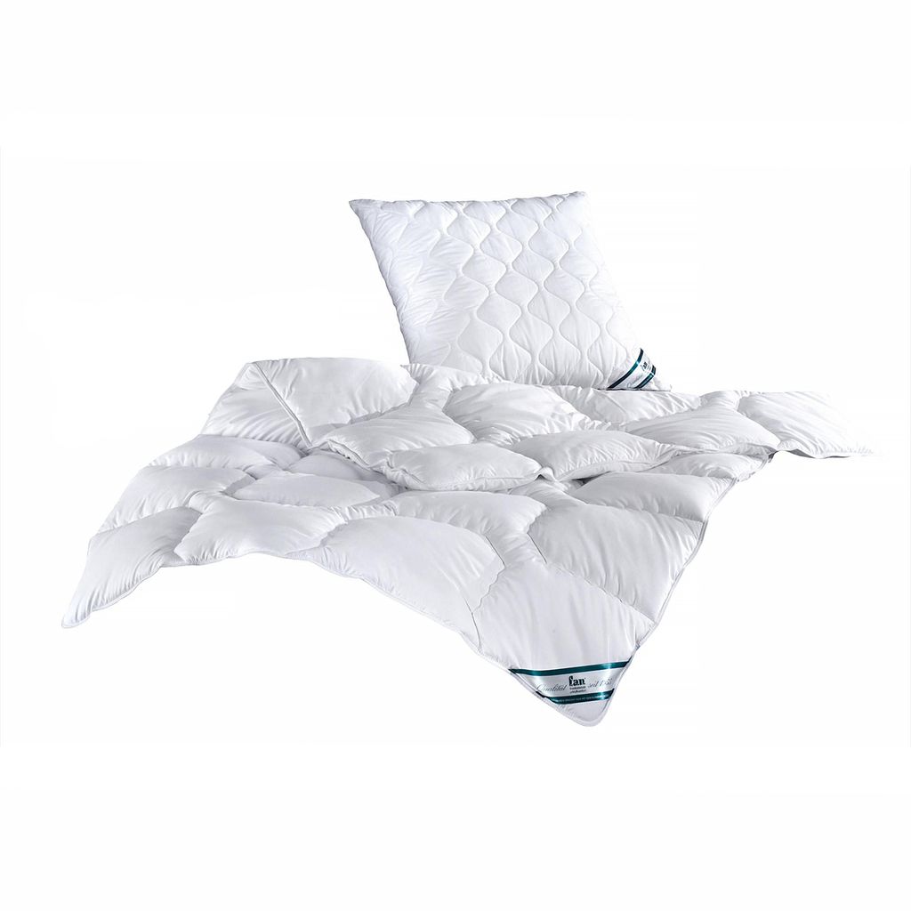 A white pillow and comforter are displayed on a white background.