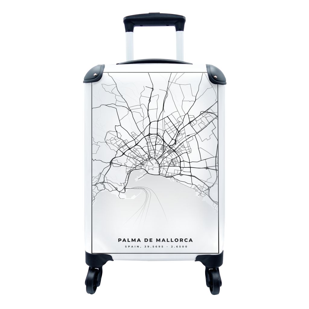MuchoWow Koffer Handgepäck Trolley Rollkoffer Kleine Reisekoffer mit 4 Rollen - Mallorca - Stadtplan - Karte - Schwarz und weiß - Karte - Cabin...