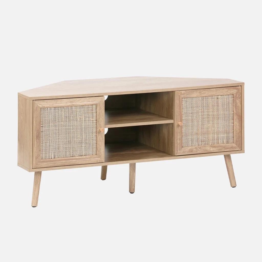 Mobile TV in legno e canna, 2 ante, 1 ripiano, 115cm, Marrone naturale