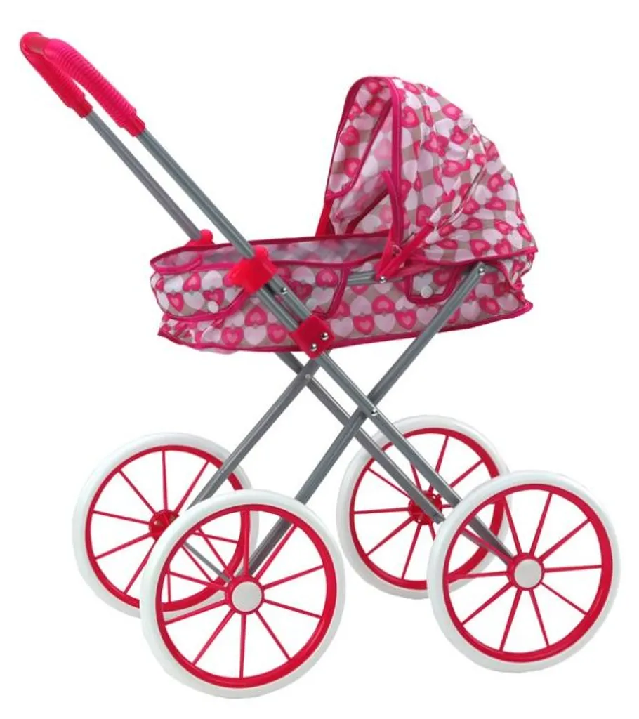 Poussette de poupée rose cœurs pliable pour promenades en extérieur