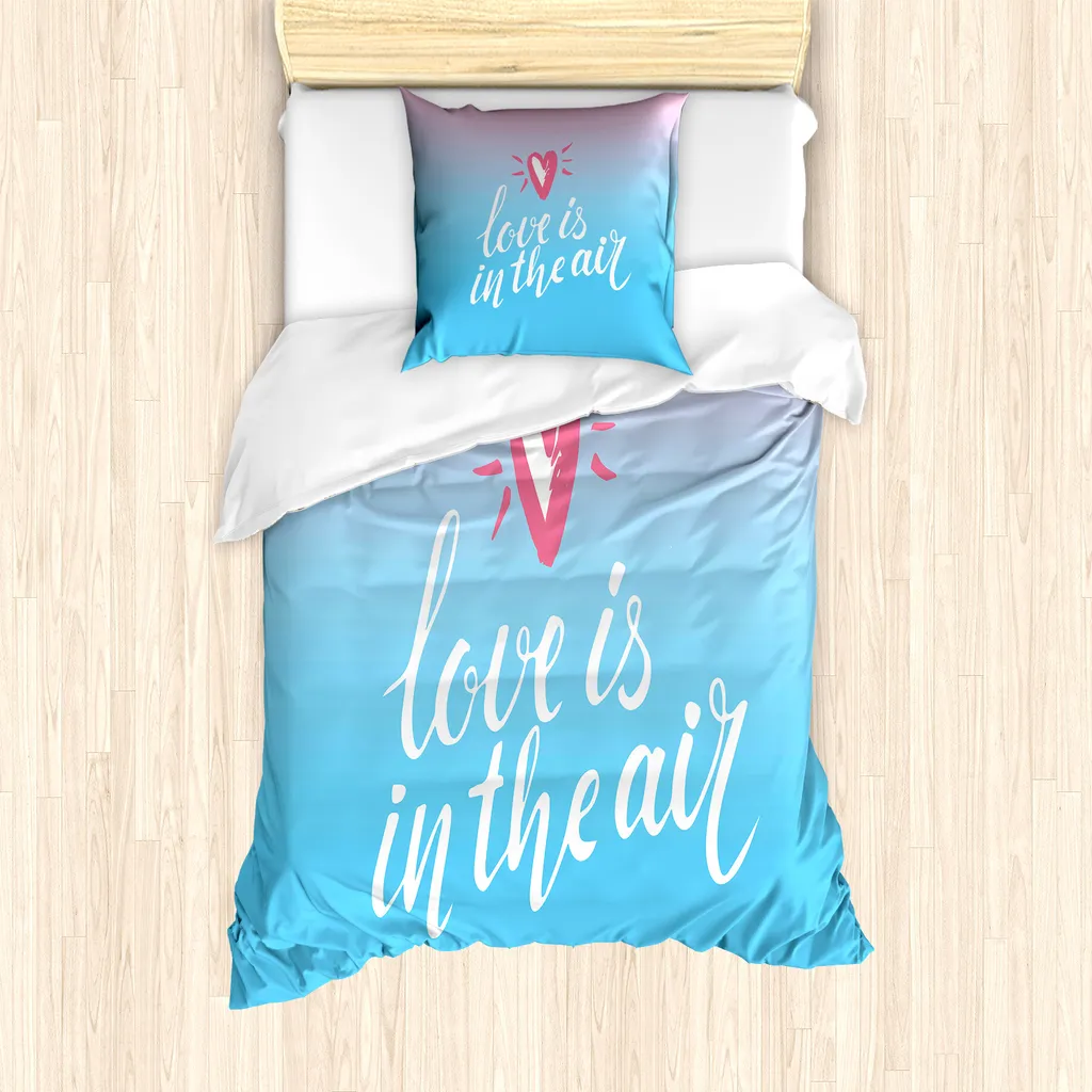 ABAKUHAUS Set copripiumino per letti singoli, L'amore è nell'aria Romantico, Antiacaro Adatto a chi soffre di allergie Con federa, 135 cm x 200 cm - 80 x 80 cm, Azzurro Rosa Bianco
