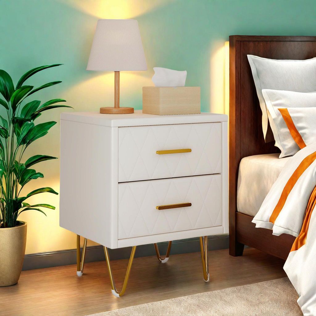 UnboxG Nachttisch 2er Set Beige, Kunstleder Nachtkommode mit 2 Schubladen, stabile Metallbeine, 41×35,5×51 cm