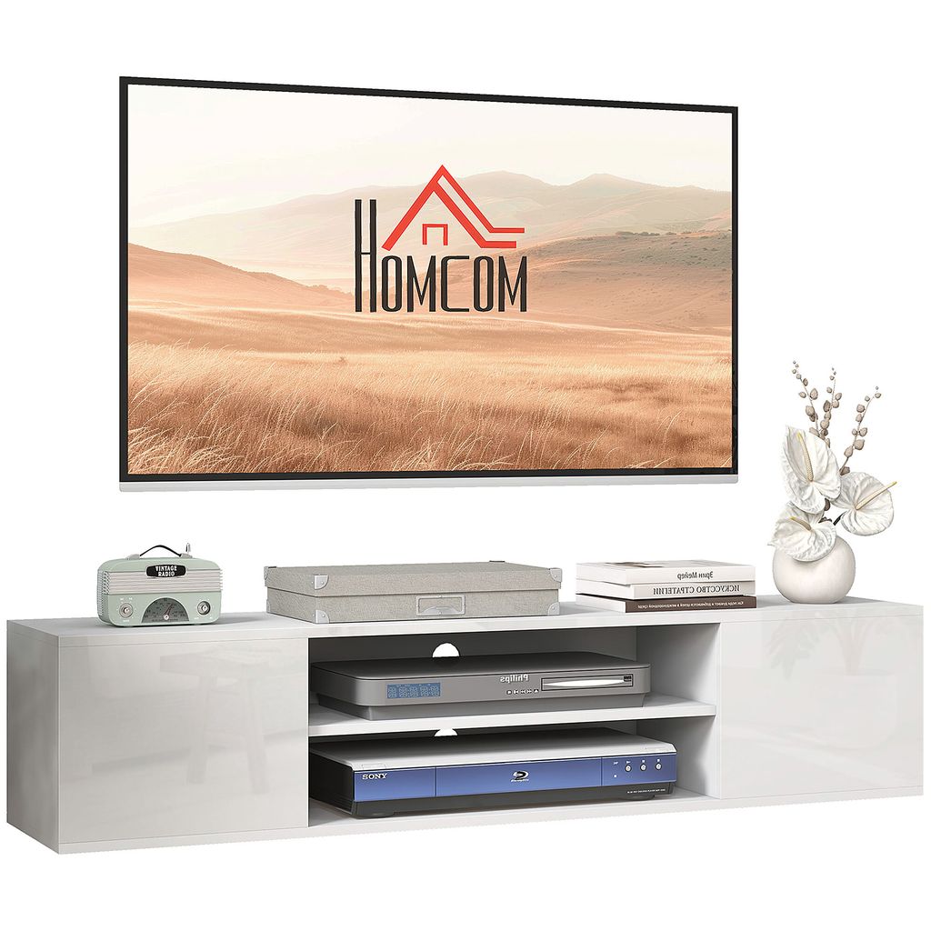 HOMCOM Hänge-TV-Bank im modernen Stil zur Wandmontage – 2 Schränke, 2 Kabelkanäle und 2 zentrale Nischen, 140 x 30 x 30 cm, weiß
