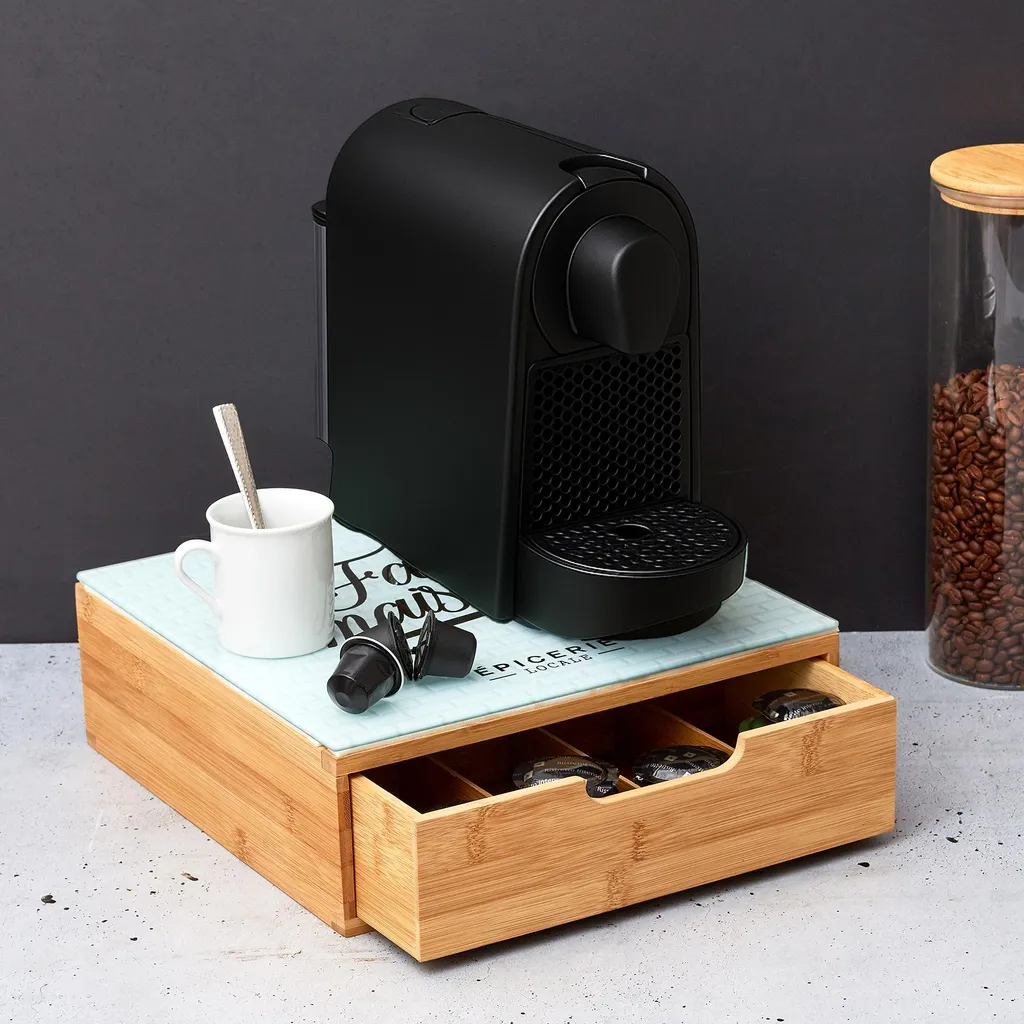 Tiroir de Rangement pour Capsules avec Plateau en Verre et Finition Bois