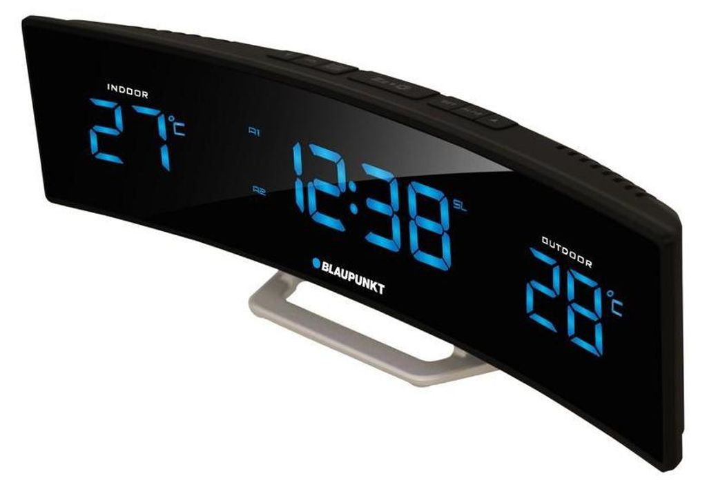 A digital alarm clock with a curved display showing indoor and outdoor temperatures, time, and brand name.