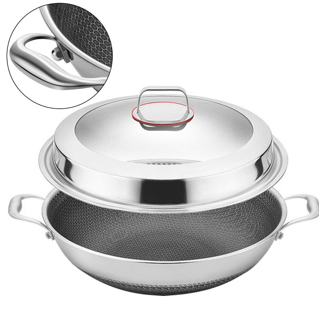 Wokpfanne, Wok-Topf aus Edelstahl mit Wabenstruktur, Durchmesser 38 cm, induktionsgeeignet, antihaftbeschichtet, kratzfest, silber