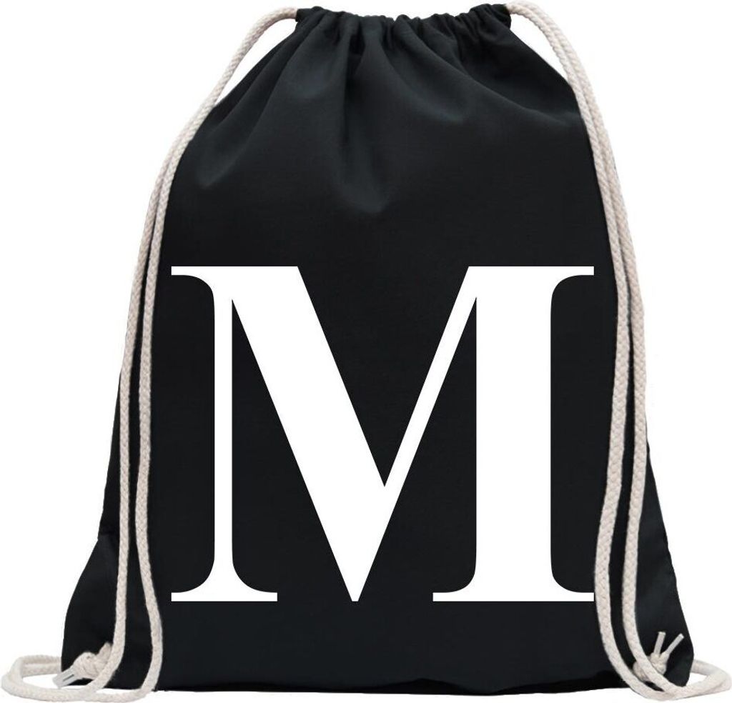 Kiwistar - Turnbeutel - schwarz - Buchstabe M - Alphabet - Fun Rucksack Sport Beutel Gymsack Baumwolle mit Ziehgurt