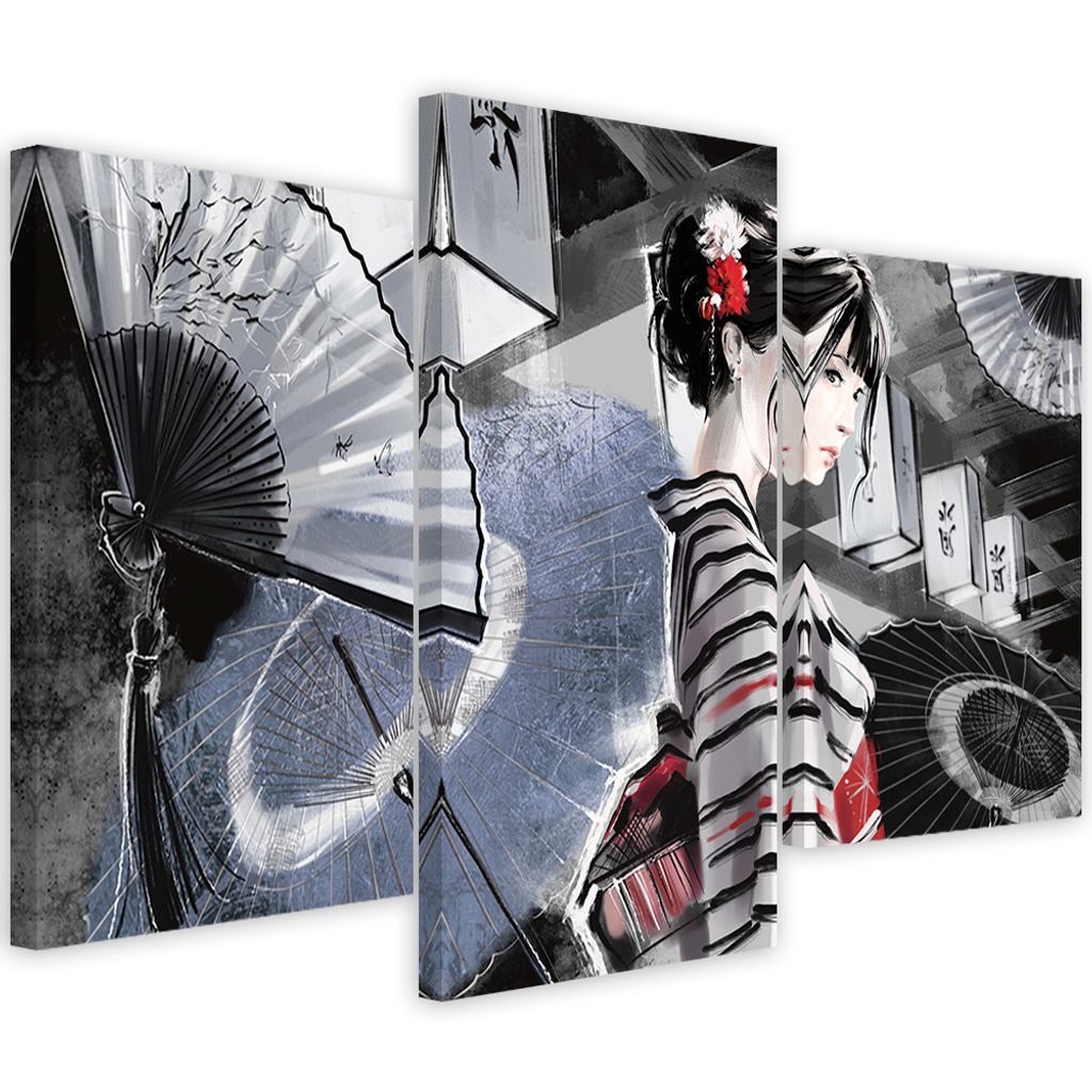 Triptychon auf leinwand geisha mit fächer 120x80 cm Feeby grau wandbild bereit zum aufhängen