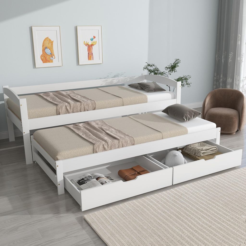 Flieks Tagesbett Daybed Jugendbett mit 2 Schubladen und Lattenrost, Massivholzbett Einzelbett Ausziehbar Kinerbett Gästebett , weiß