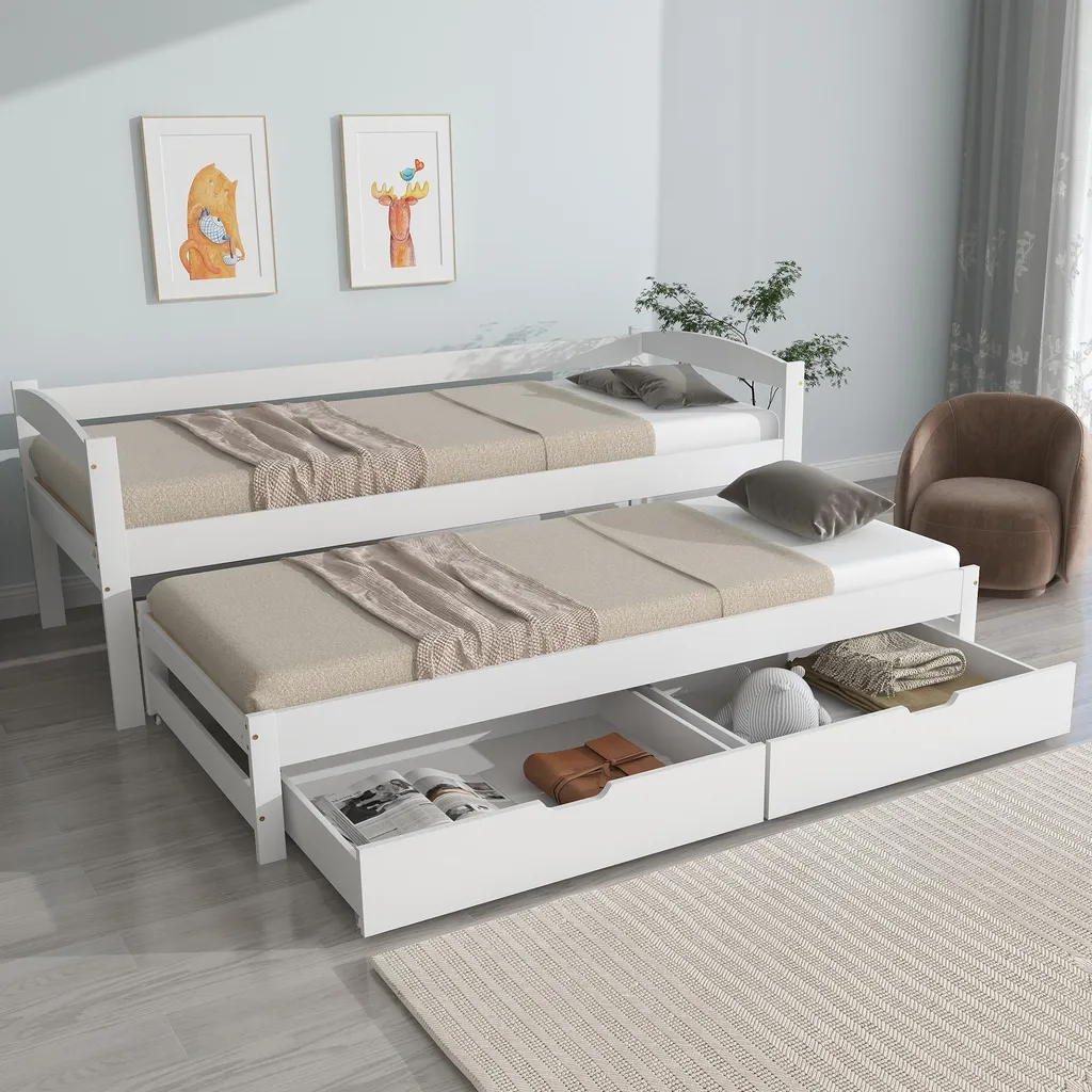 Lit d'invité extensible blanc avec tiroirs pour chambre d'enfant bois