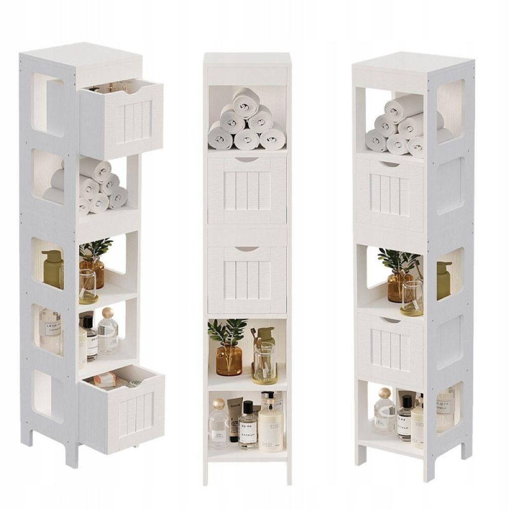 Badezimmerschrank, Säulenschrank mit Schubladen, weiß, hoch, Regale, modern, Loft-Stil, 142 cm