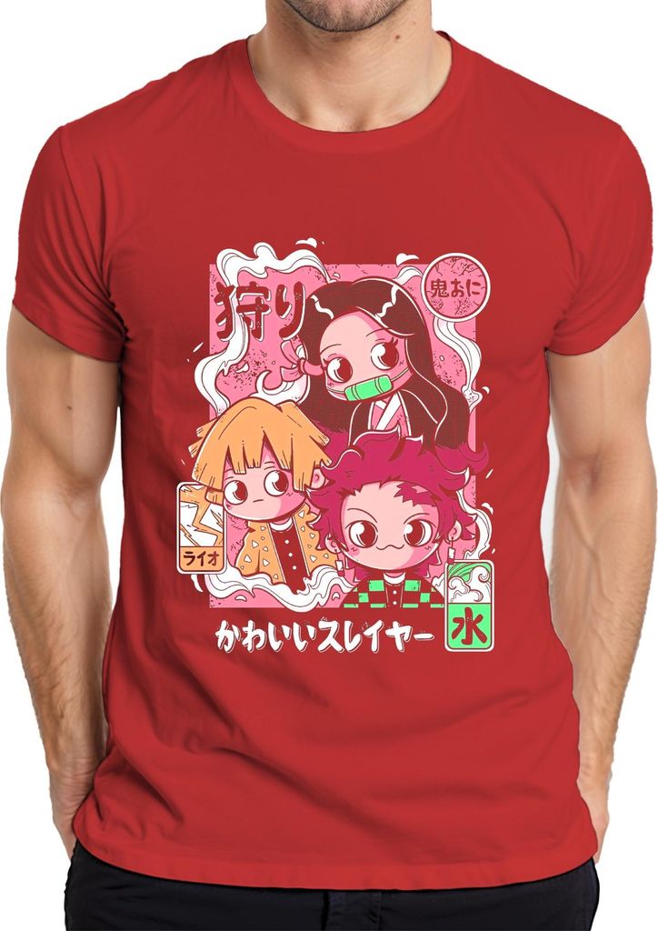 Kimetsu no Yaiba Tanjiro Nezuko Zenitsu かわいいスレイヤー Chibi Kawaii Herren T-Shirt, Rot, 3XL