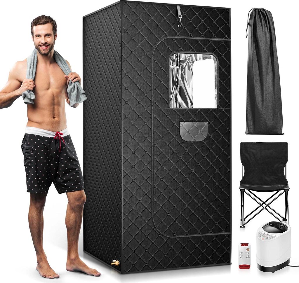 Dampfsauna-Zelt - Tragbare Sauna - 9 Heizstufen - 2,6 l Dampfgenerator - Klappstuhl - Fernbedienung - 180×80×80 cm - Fenster oben - Schwarz
