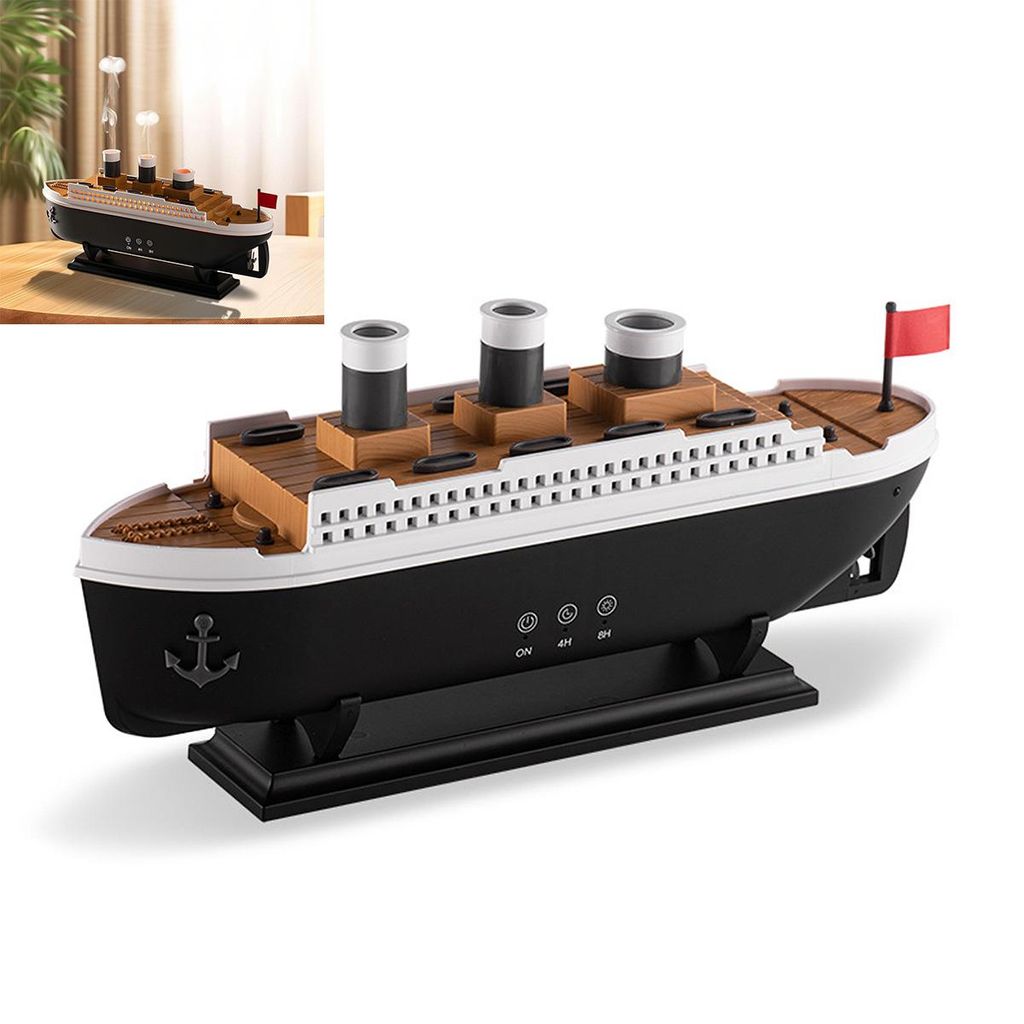 A product shot of a vintage steamship-shaped aromatherapy diffuser on a black stand, with a small inset image showing it on a wooden table.