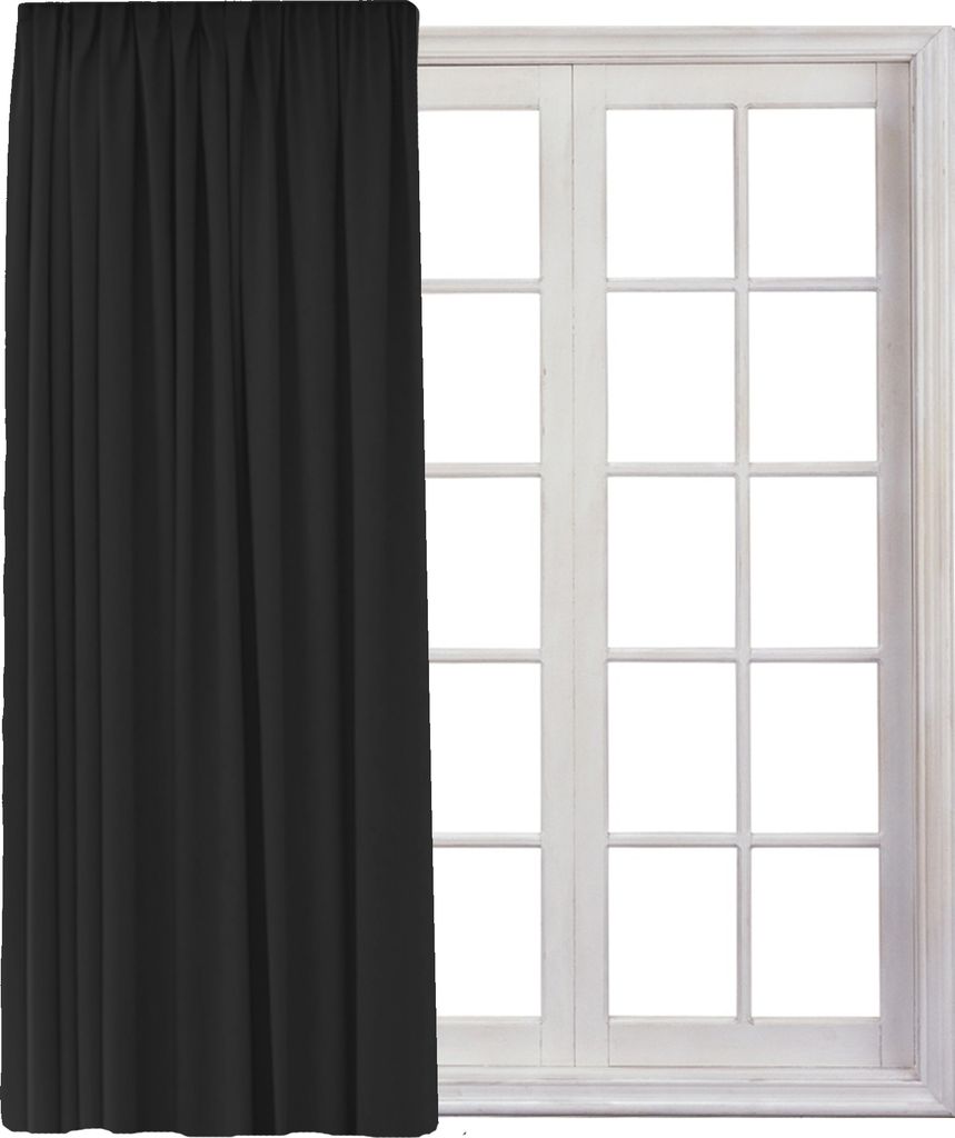 A black curtain is shown partially covering a white window with multiple panes.