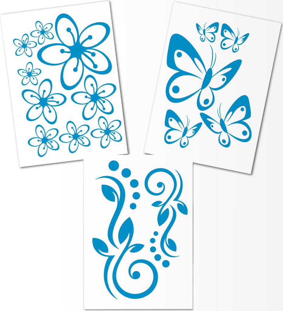 Hibiskus Schmetterling Blüten Ornament SET I - hellblau - 40x30cm - Wall Sticker Wandtattoo Wandaufkleber - Dekoration, Küche, Wohnzimmer, Schlaf...