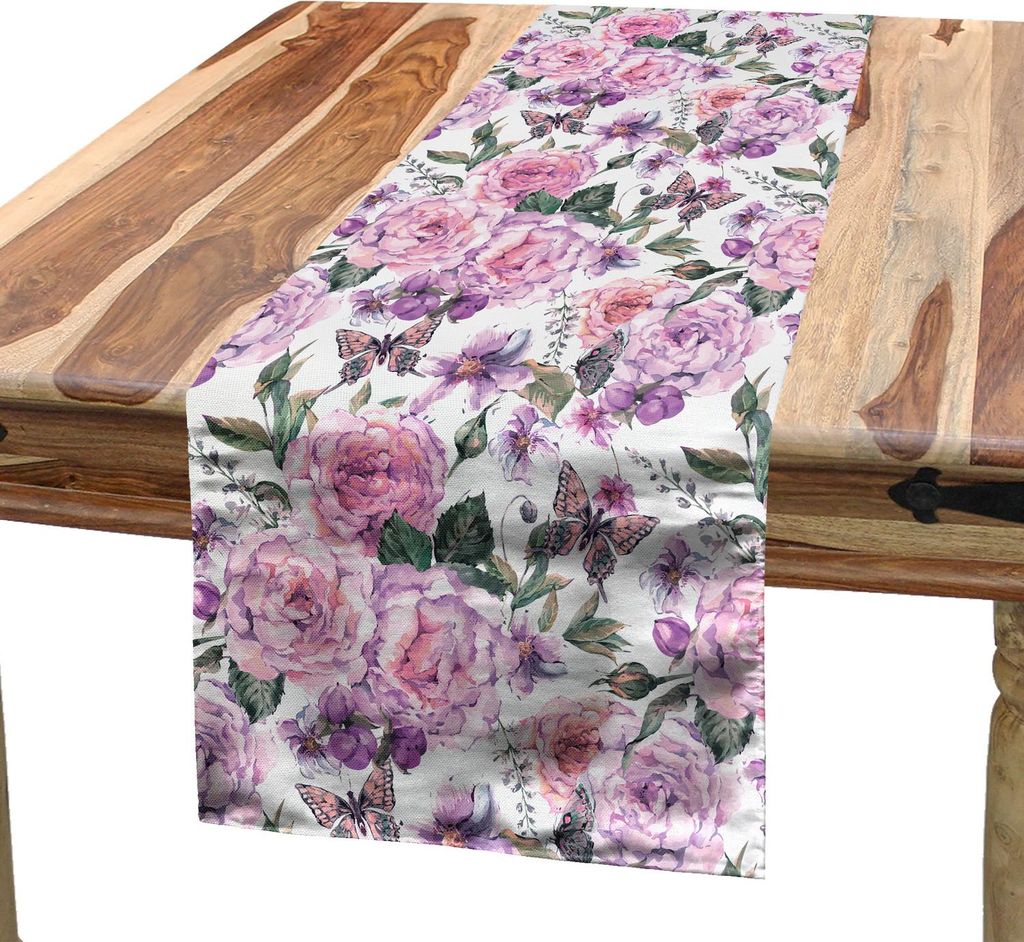 ABAKUHAUS Blumen Tischläufer, Tiny Schwalbenschwanz-Schmetterlinge Fliegen Unter Aquarell Illustrated pfirsichfarbener Farbe Roses, 40 x 180 cm, M...