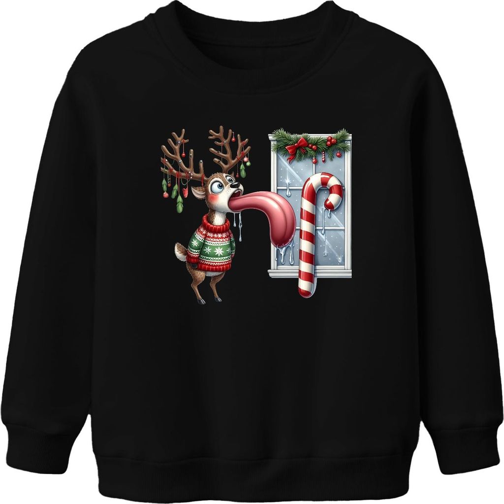 Weihnachtsrentier lange Zunge Zuckerstange lustig Eiszapfen ugly Uni Kinder Sweatshirt Pullover, Schwarz, 116