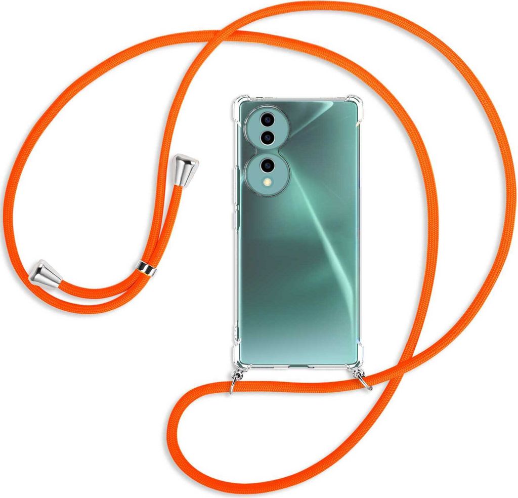 Handykette Backcover-Schutzhülle mit Band (Metall silberfarben) für Honor 70 5G (FNE-AN00, 6.67'') - neonorange