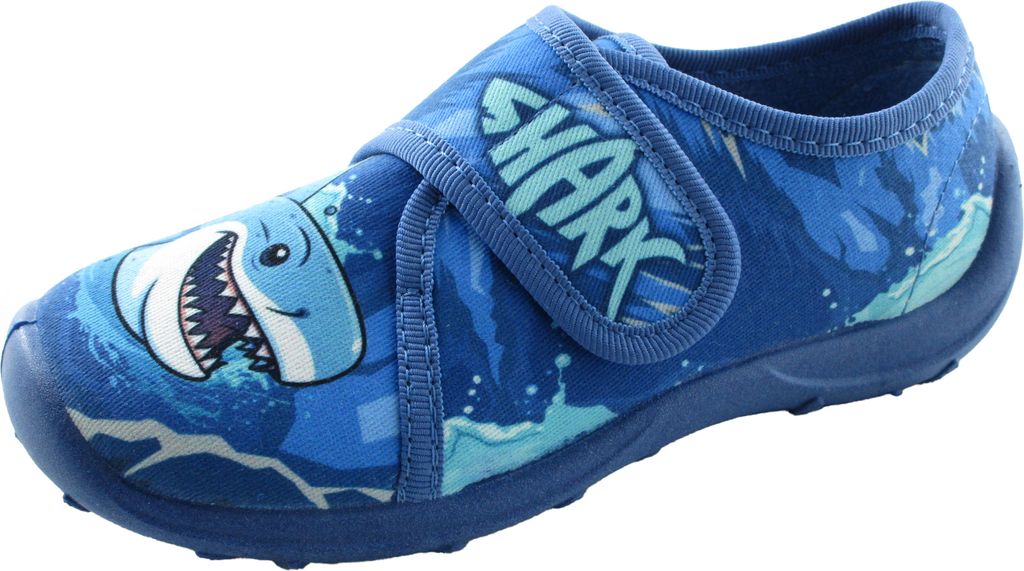 Fischer Kinder Hausschuh blau Hai-Print rutschfeste Sohle Klettverschluss 552335, Größe:34 EU, Farbe:Blau
