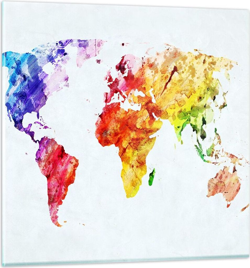 Bilder auf glas - Welt Karte Bunt Kontinente - 60x60cm - Glasbilder - Wandbilder - Kunstdruck - zum Aufhängen bereit - Wanddekoration aus Glas - G...
