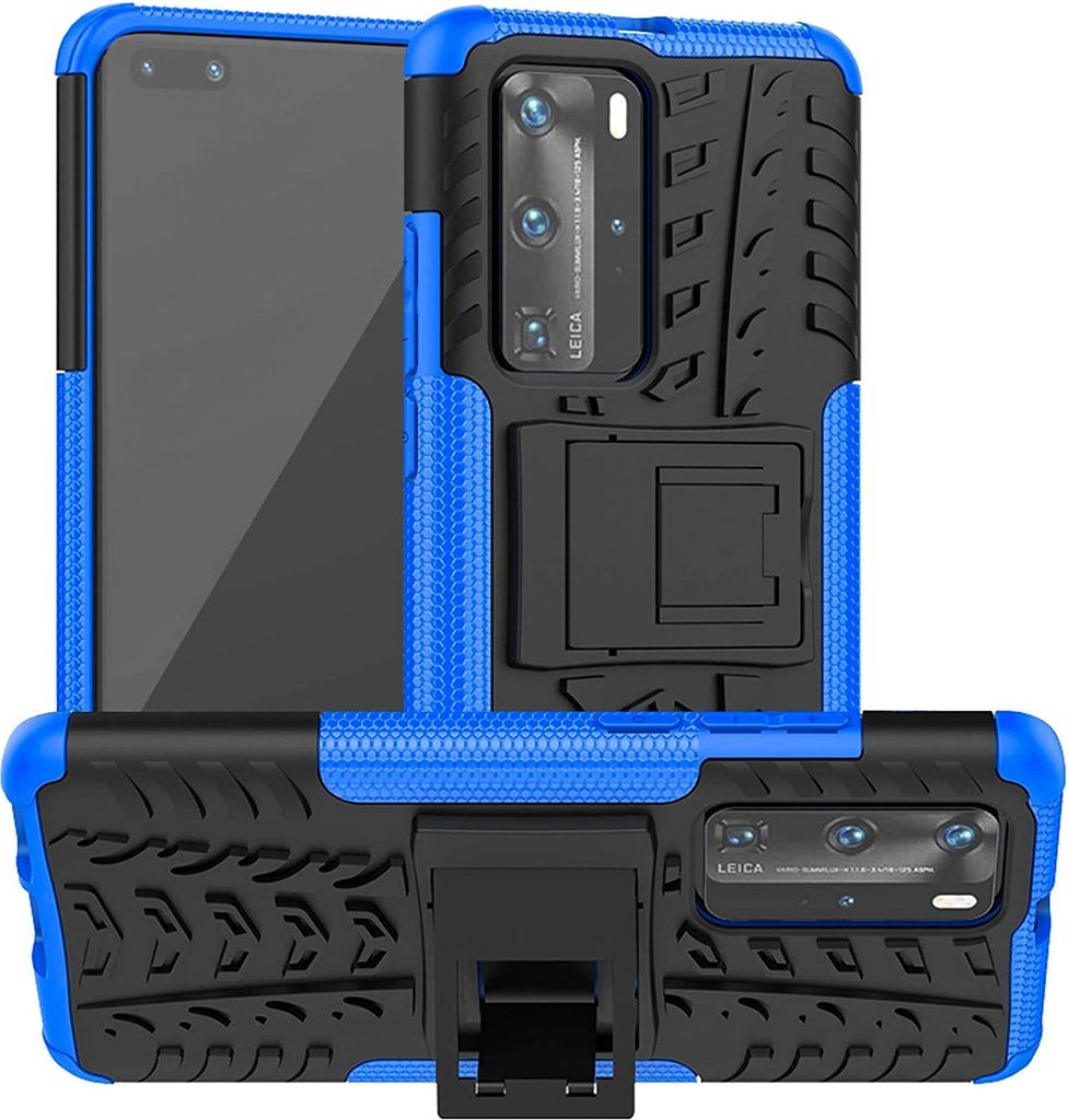 A blue and black rugged phone case with a kickstand is shown from the front and back.