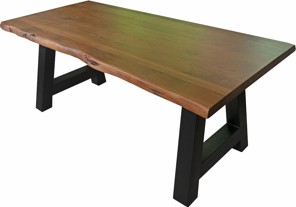 Esstisch 220 x 100 cm Cali, Baumkantentisch nussbaumfarben, Akazienholz massiv, A-Gestell aus Metall Schwarz, aufgedoppelte Kanten 25+25 mm