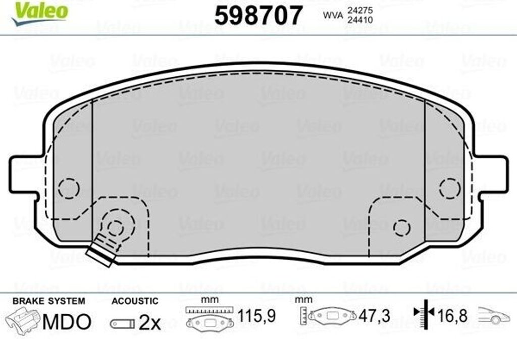 VALEO 598707 Bremsbelagsatz, Scheibenbremse OE 581010XA01 kompatibel mit i10, Picanto