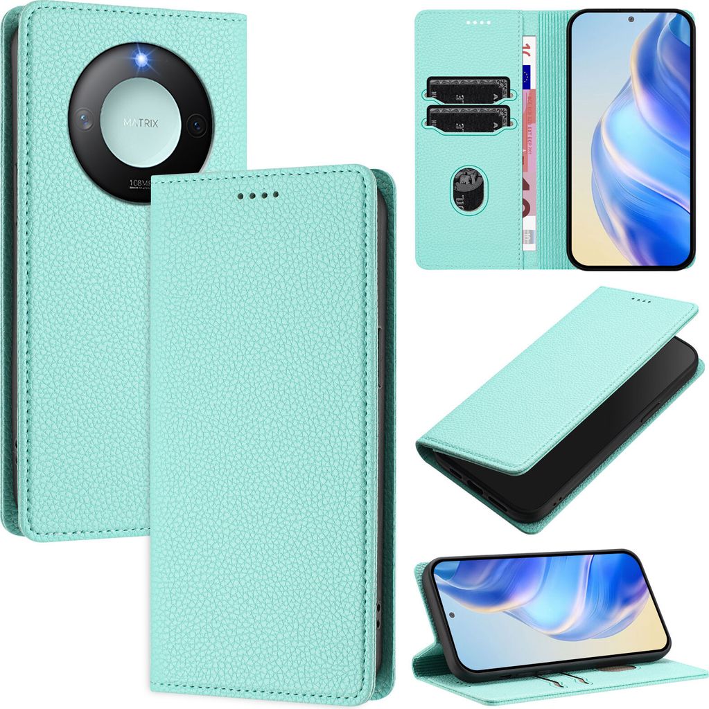 Litchi Leder Handyhülle für Honor X9C Smart Wallet Kartenfächer Standfunktion Hülle Türkis
