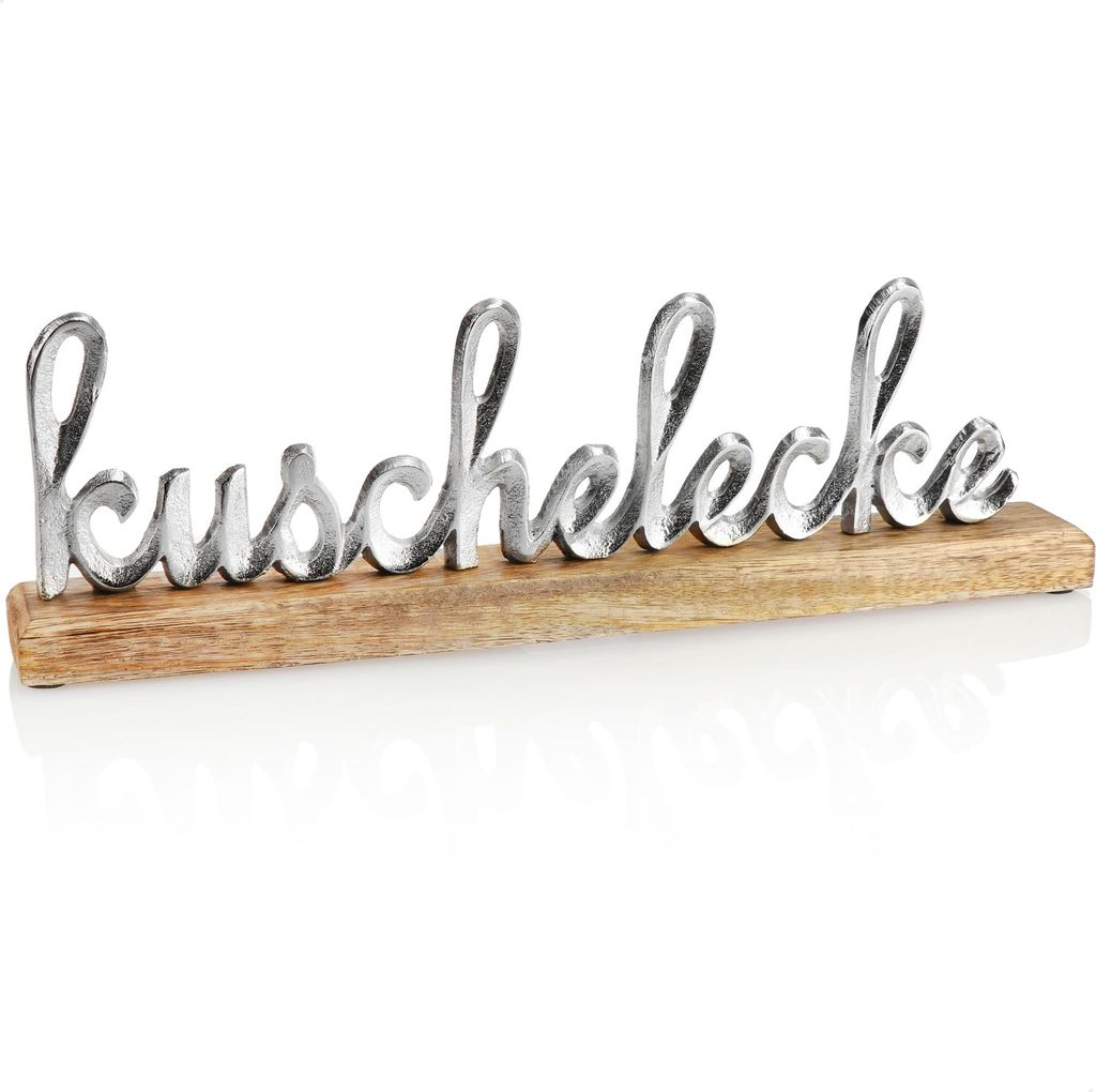 com-four Deko Aufsteller "KUSCHELECKE" - Schriftzug aus Metall auf Mangoholz-Sockel - Deko-Schriftzug zum Hinstellen - 40,5x12,5x5cm