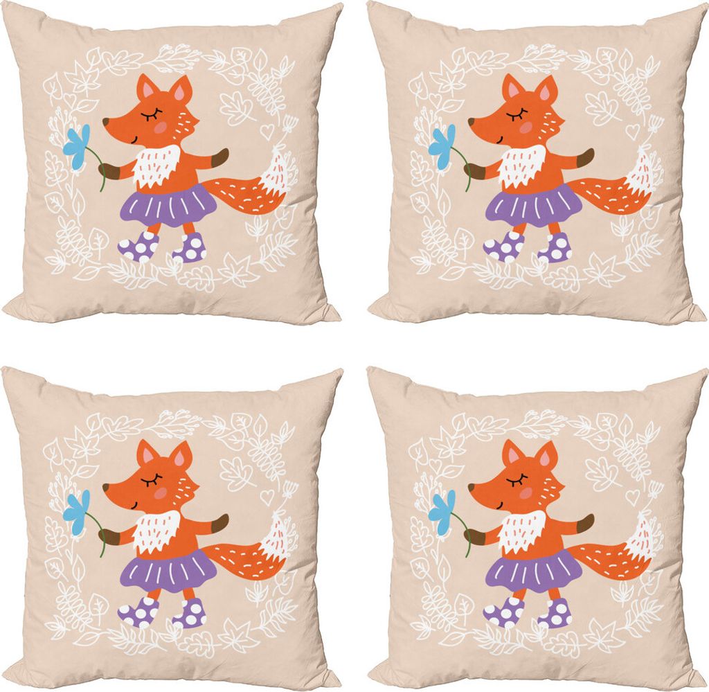 ABAKUHAUS Retro Kissenbezug Set (4 Stück), Fox mit Kleidung Blumen, Moderner Doppelseitiger Digitaldruck, 50 cm x 50 cm, Mehrfarbig