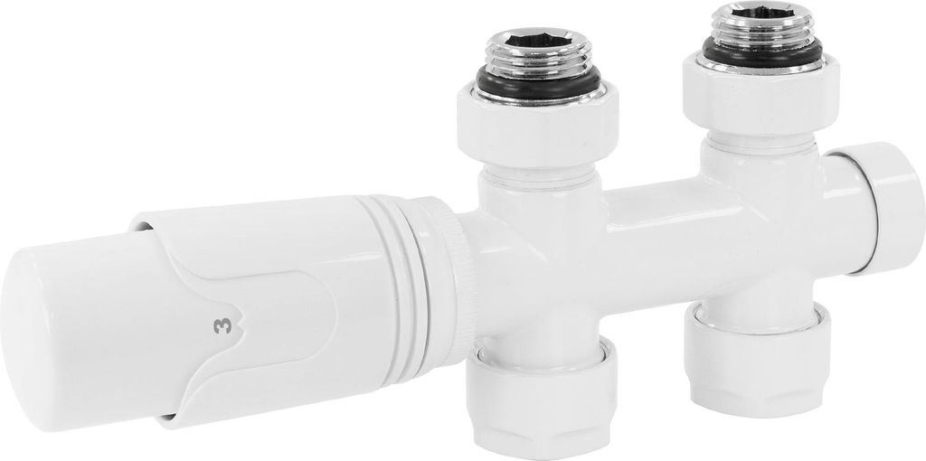 LuxeBath Ventil-Armaturen Set Multiblock Weiß Durchgangsform inkl. Thermostatkopf für Badheizkörper mit Mittelanschluss