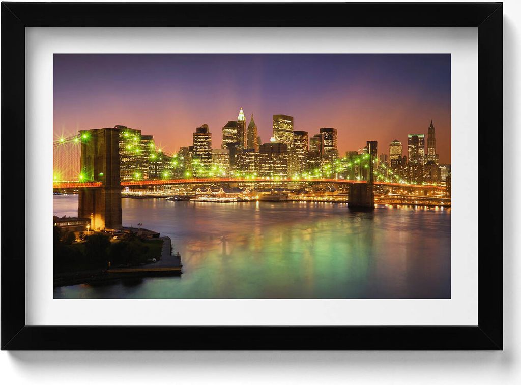 Brooklyn Bridge bei Nacht– Wandbild mit Rahmen – Gerahmtes Bild – Wanddekoration – 30x20 cm – Schwarz Rahmen