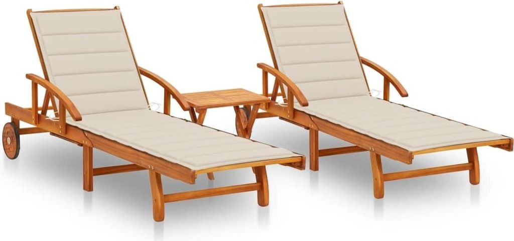 Sonnenliegen 2 Stk. mit Tisch und Auflagen Massivholz Akazie