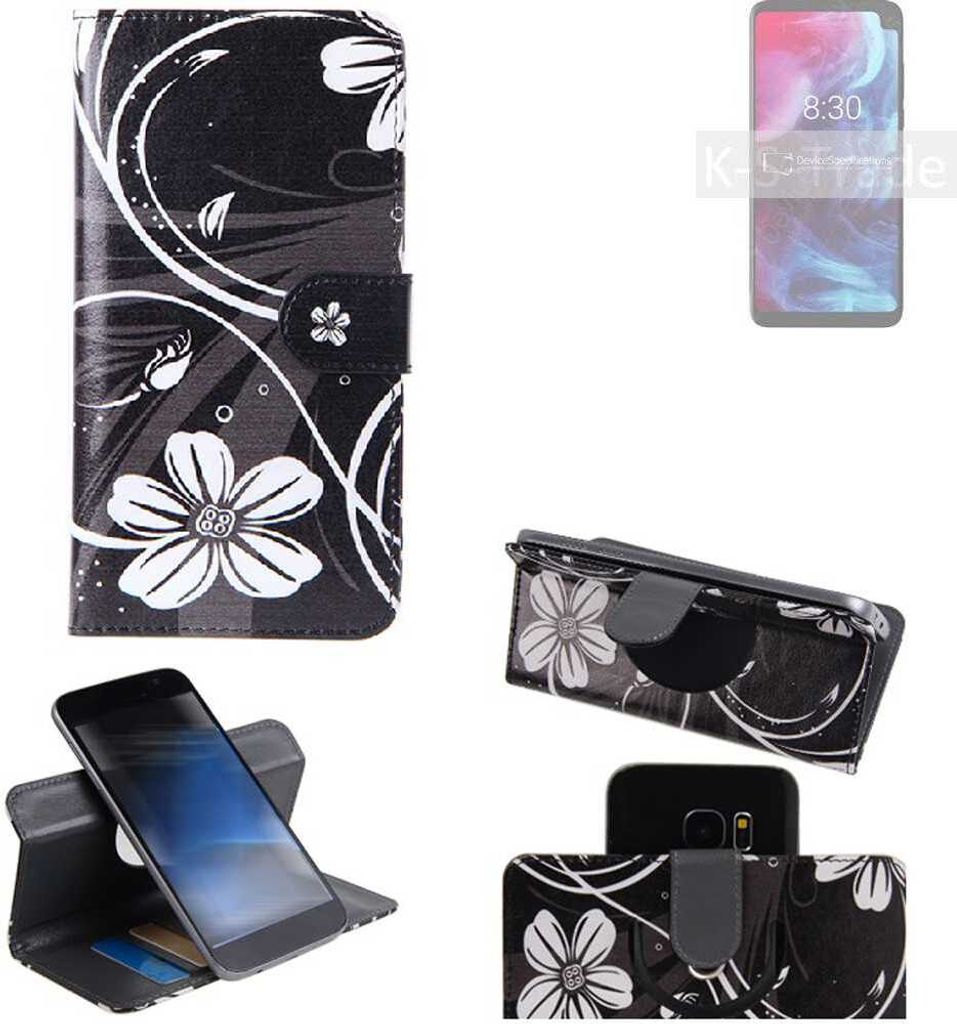 K-S-Trade Schutzhülle Handyhülle kompatibel mit Archos Oxygen 68XL Hülle 360° Wallet Case ''Flowers'' Klapphülle Hülle schwarz-weiß 1x